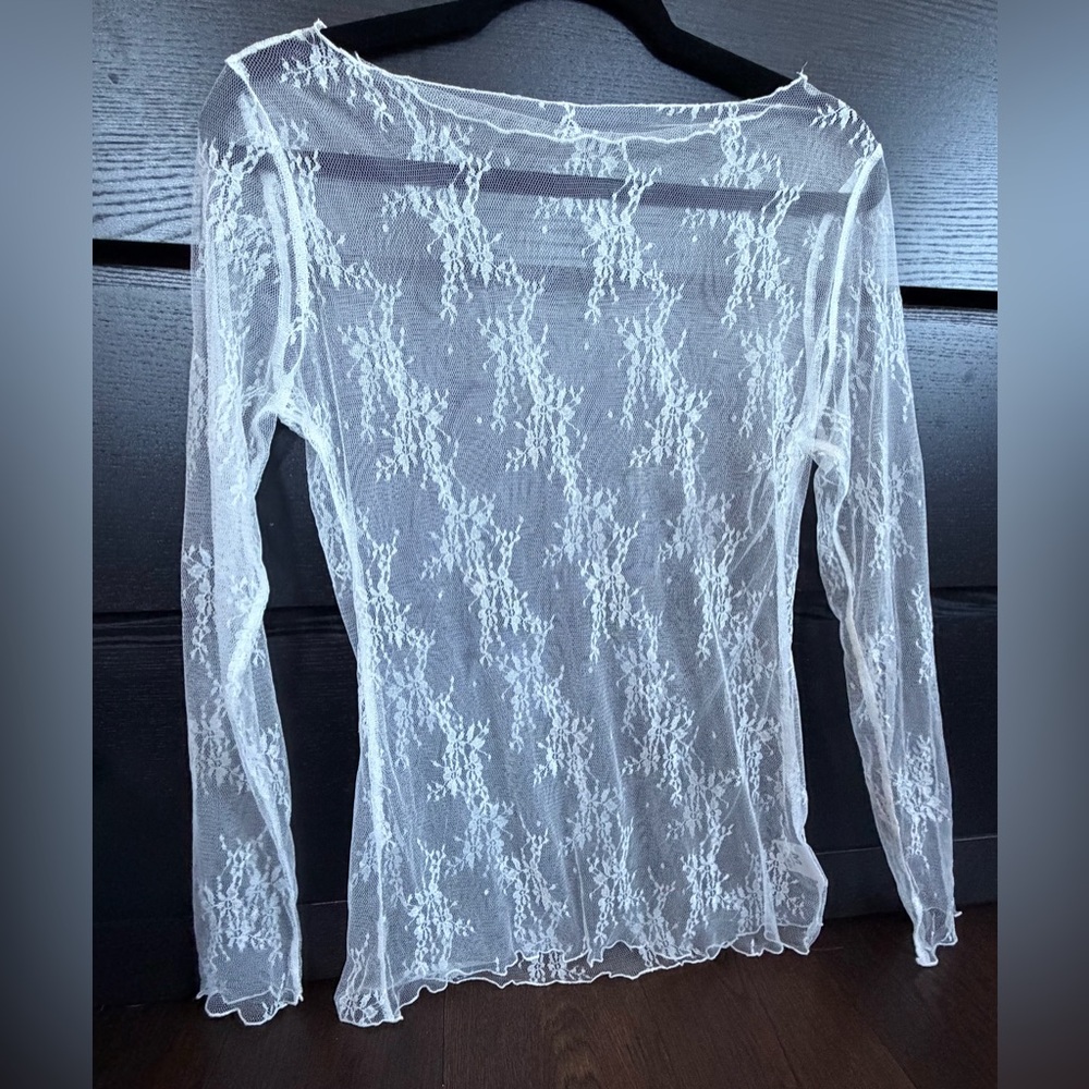 White Mesh Lace Transparent Long Sleeve Top Medium - Picture 4 of 13